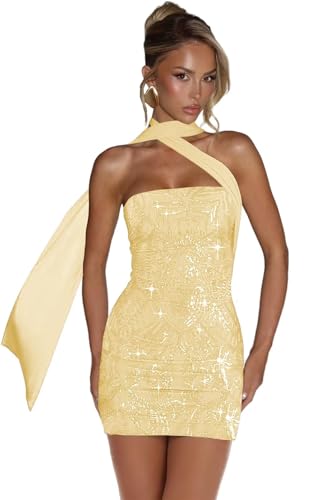 Sparkly Homecoming Dresses for Teens Tight Sequin Cocktail Dress with Scarf