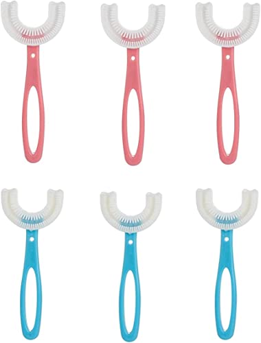 U字型歯ブラシ、子供のU字型歯ブラシ、ベビー歯ブラシ、0?12歳の子供用手動歯ブラシ、360°口腔洗浄デザイン、ベビーフードグレードのシリコンブラシヘッド用の特別なデザイン (大, 3ピンク+3青)