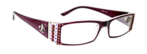 The French, Fleur De Lis, Rectangular Bling Women Reading Glasses Adorned with Amethyst + AB (Aurora Borealis) Genuine European Crystals, Amethyst Purple. NY Fifth Avenue.