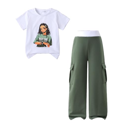 Image of Ayzozuy Kid Girl Clothes Outfits Figure Letter Graphic Tee Top + Flap Pocket Pants 2PC Clothing Set