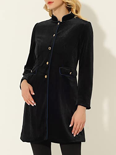 Allegra K Women's Velvet Jacket Contrast Trim Pockets Stand Collar Single Breasted Long Coat2