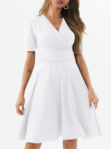 Image of Women's Summer Casual Dress Short Sleeve Wrap V-Neck A-Line Dress Sundress Wedding Guest Cocktail Midi Dresses