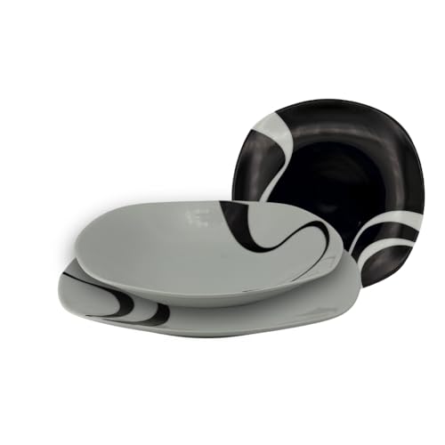 Omniacasa Kyo Servizio Tavola 18 Pezzi Per 6 Persone In Porcellana – Piatti Quadrati Moderni Bianco/Nero, Lucidi, Resistenti a Urti/Graffi, Lavastoviglie e Microonde