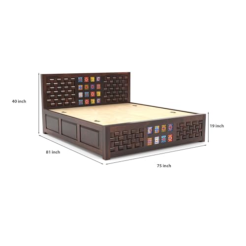 Image of Furniture Sheesham Wood King Size Bed with Storage Box | Wooden Box Bed King Size Double Cot Bed with Storage | Premium Niwar Tile Design Headboard Bed for Living Room | Walnut Finish