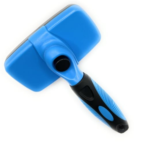 Image of Self-Cleaning Slicker Brush for Dogs & Cats - Deshedding Grooming Tool for Long & Short Hair - Blue