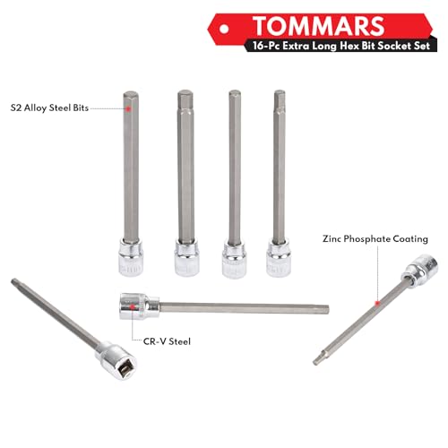 Image of TOMMARS 16-Pc Long Hex Bit Socket Set, Extra Long Allen Socket Set, CR-V and S2 Steel, SAE & Metric 1 /8-3 /8 in., 3-10 mm.