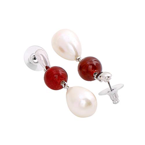 Rhodium Ruby Bead Pearl Drop Earrings