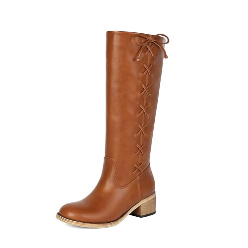 Wide Calf Cowboy Boots for Women Knee High Cowgirl Boots Adjustable Lace Up Embroidered Boots with Side Zipper Pointed Toe Chunky Heel Western Boot. 7 Light Brown