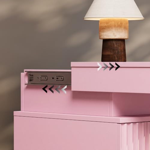 Image of Nightstand Bedside Table with Charging Station & LED Lights, Pink | RGB Lights, Hidden Sliding Top, 2 AC Outlets & 2 USB Ports, 3-Drawer Storage, Modern Fluted End Table for Bedroom