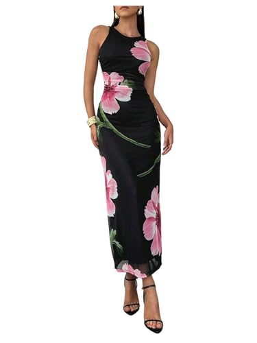 Women's Floral Print Crew Neck Tank Dress Sleeveless Bodycon Mesh Maxi Dresses