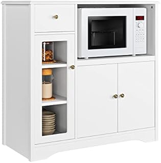 HORSTORS Microwave Cabinet, Kitchen Storage Hutch Cabinet with Drawer and Doors, Floor Standing Buffet Server Sideboard for Dining Room, Living Room, Bathroom, White