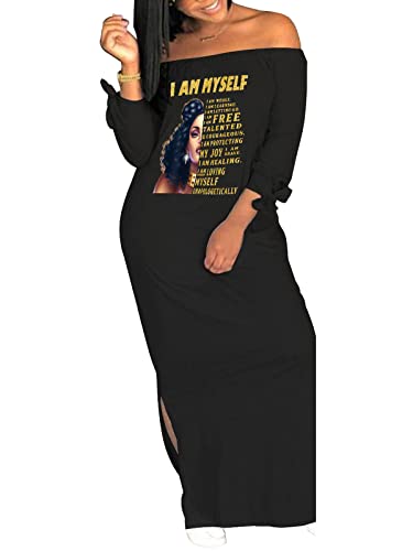 Image of Women's Casual Off Shoulder Maxi Dress - African Print Summer Loose Long Sleeve Tunic T Shirt Dresses with Pockets
