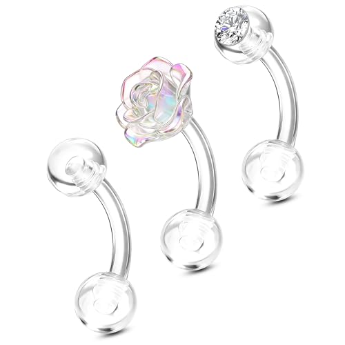 BodyBonita 3Pcs Clear PTFE Helix Rook Piercing Jewelry Bioflex Plastic Piercing Retainer for Surgery Work Sports Eyebrow Belly Button Ring Lip Earrings Studs for Women 6mm
