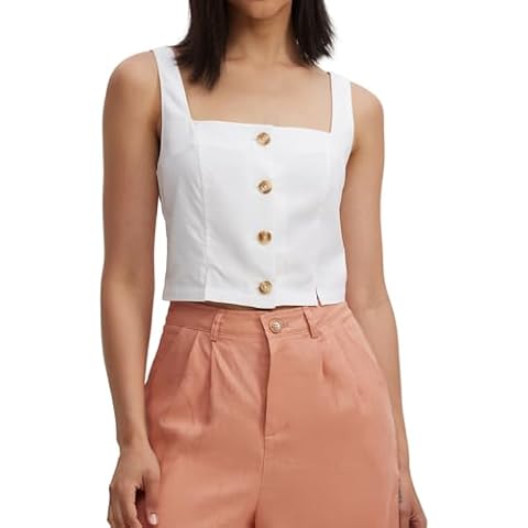 M T 4 YOU Women's Cotton Linen Square Neck Crop Tank Top Summer Sleeveless Button Vest White Cover
