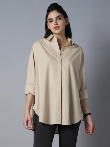 Image of High Star Relaxed Oversized Spread Collar Long Sleeve Cotton Longline Casual Shirt