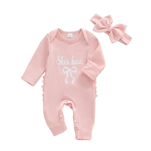 PUHHAPIEY Newborn Baby Girl Coming Going Home Clothes Shes Here Bow Embroidery Knit Romper Onesie Fall Winter Outfit (Pink Newborn)