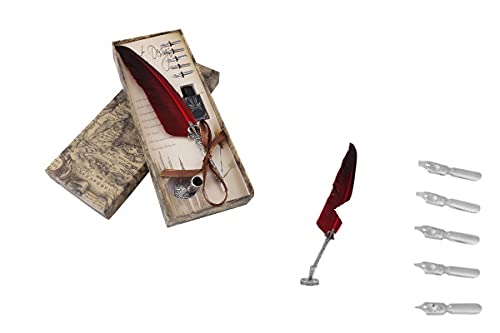 ANGGREK Quill Pen Set, Antique Calligraphy Writing Quill Pen Calligraphy Writing Quill Pen Writing Dip Ink Set Stationery Gift with 5 Metal Nibs & Pen Nib Base (Red)