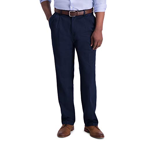 Haggar Men's Iron Free Premium Khaki Classic Fit Pleat Front Expandable Waist Casual Pant Dark Navy 42 x 29