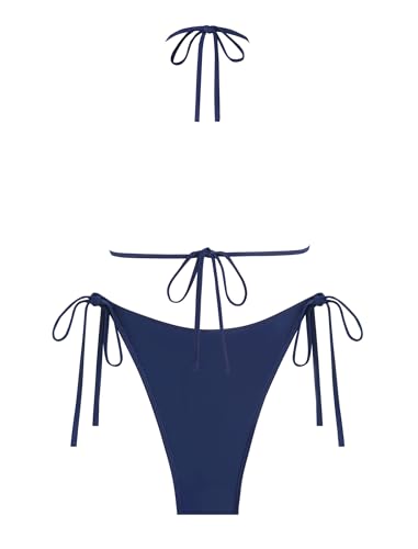 Image of ZAFUL Women's Sexy Halter Bikini Sets Bow Decor Tiny Floral Print Bikini Swimsuits Tie Side Triangle Bathing Suits (Deep Blue, L), Large