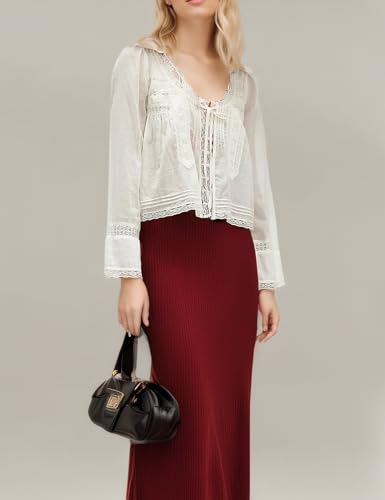 Womens Fall Boho Lace Tie Front Long Sleeve Tops Button Down Shirts Ruffled Chiffon Fashion Cute 2025 Y2K Clothes4