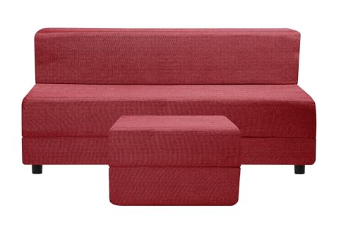 Image of 5X6-Feet Leg Sofa Cum Bed with Ottoman | Jute Fabric 3 Seater Convertible Sofa Bed | Modern Space Saving Furniture for Living Room | Red