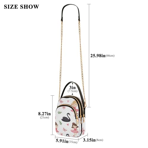 Cute Cartoon Ballerina White Women Single Shoulder Purse Chain Strap Cell Phone Purse Floral Print Designer Clutch Ladies Zipper Tote, 5.9" × 8.3" × 3.1"3