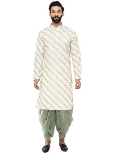 Mens Kurta – Printed Cotton Blend Tunic with Mandarin Collar, Regular Fit – Indian Wedding Outfit for Men – Festive Wear for Diwali, Eid & Celebrations, Cream, 44