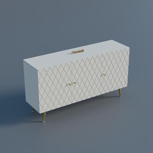 Image of Wooden Sideboard Cabinet for Living Room & Bedroom | Geometric Design Side Board Crockery Cabinet with 3 Doors Storage for Home | HDMR Premium Wood | Golden Metal Legs (White)