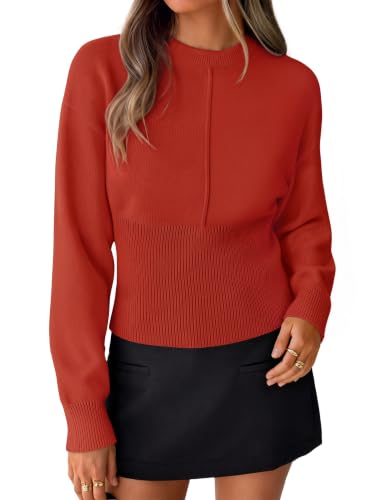 Image of ZESICA Women's Fall Sweaters Crewneck Cinched Waist Pullover Tops
