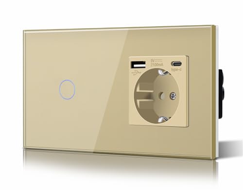 BSEED Interruptor táctil y enchufe pared,Toma de corriente con USB C,Panel de Vidrio con pulsador LED,Sin Función Wifi,1 Gang 1 Vía+1 Enchufe USB/Tipo C,157mm Oro