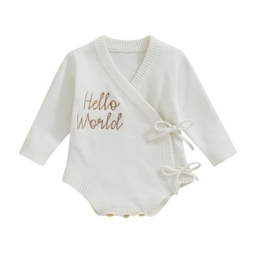 Image of Frietlebird Unisex Newborn Baby Boy Girl Clothes Hello World Print Long Sleeve Romper Knit Sweater Onesie Coming Home Outfit