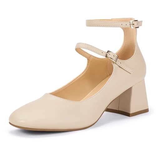 IDIFU IN2 Mary Jane Shoes Low Block Chunky Closed Toe Heels Dress Shoes for Women Square Toe Ankle Strap Wedding Prom Work Office Dressy Heels Comfortable Vintage Trendy Short Pumps