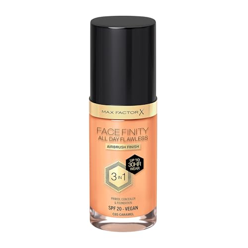 Fondotinta Max Factor Facefinity All Day Flawless – Correttore, Fondotinta liquido e primer viso 3-in-1, Formula vegan, Copertura modulabile, Tenuta fino a 30 ore, SPF20 – C85 Caramel, 30 ml