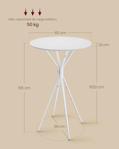 VASAGLE Mesa de Bar, Mesa Baja, Redonda, Alta, Estructura Metálica, 60 x 60 x 105 cm, para Cocina, Sala de Estar, Estilo Moderno, Fácil Montaje, Blanco Nube y Blanco Mate LBT024W01 - imagen 3