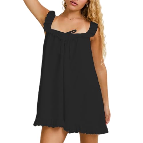 Image of Women Y2K Babydoll Mini Dress Cute Bow Lace Trim Pleated Ruffle Short Sundress Casual Party Vacation One Pieces