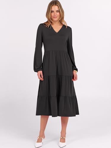 ANRABESS Women's Long Lantern Sleeve Floral Midi Dresses 2025 Fall V Neck Casual Flowy A-line Tiered Boho Vacation Long Dress4