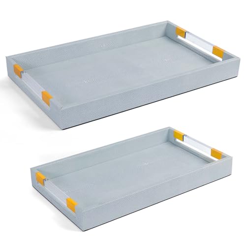 Shagreen Decorative Large Serving Platters Tray with Handles for Coffee Table Decor Modern Elegant Ottoman Tray(Ice Blue, 2 Pack)