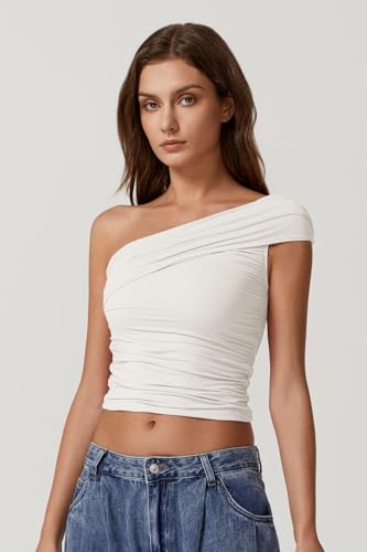 QINSEN Womens Sleeveless Foldover Top Double Lined One Shoulder T Shirts Summer Trendy Going Out Crop Tops3