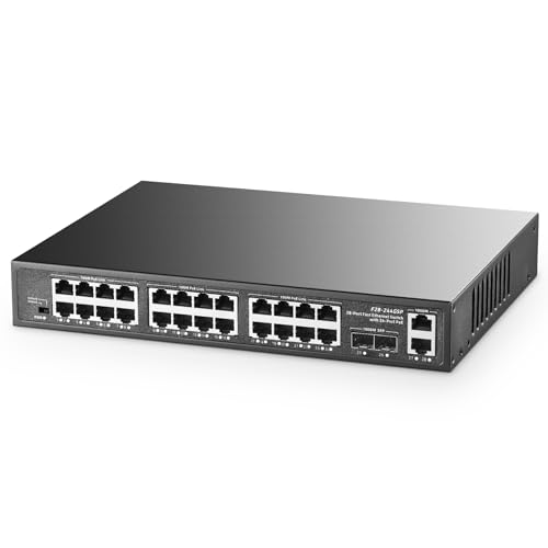 Image of 28 Port POE Switch, 24 POE+ 100Mbps, 2 Gigabit Uplink, 2 Gigabit SFP, IEEE802.3af /at, 450W High Power, Metal Case Unmanaged Plug and Play RackMount Binardat Ethernet Switch