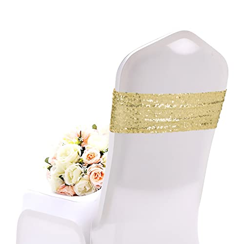 Lot de 50 écharpes de Chaise à Paillettes Extensibles en Spandex avec Paillettes unilatérales pour décorations de chaises pour Mariage, Banquet, réception d'anniversaire (Or Champagne) Cover