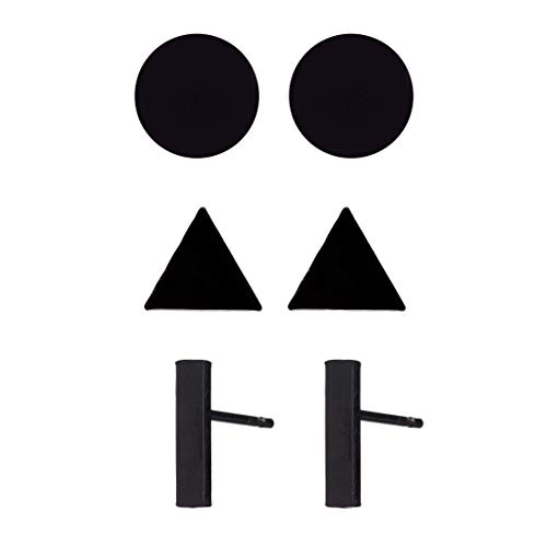 Simple Punk Round Triangle Bar Geometric Stud Earrings Women Mens Stainless Steel Ear Jewelry 3 Pairs/Pack-Black #TOP9