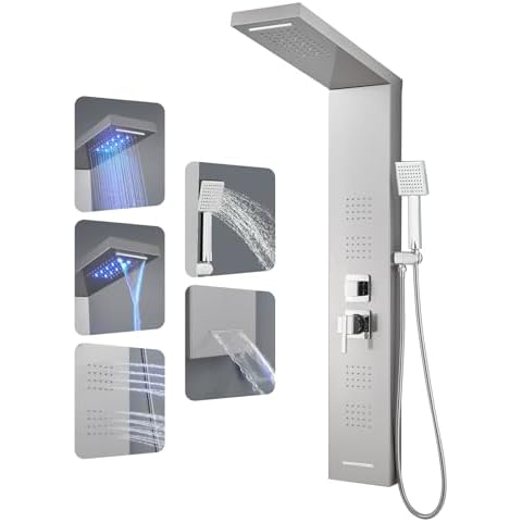 ROVOGO LED Shower Panel Tower System, 5-Function Shower Column with Rainfall Waterfall Shower Head, 4 Body Jets, Handheld and Tub Spout, Stainless Steel Brushed Cover