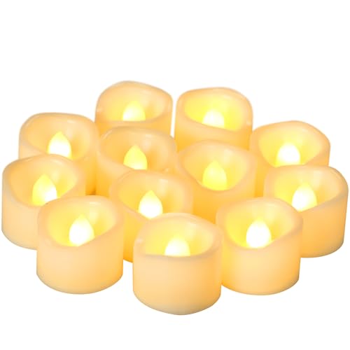 Image of 12 Pack Battery Operated Flameless LED Votive Tealight Candles Realistic Flickering Electric Tea Lights Set Bulk Halloween Pumpkin Jack O Lantern Party Wedding Decorations Centerpieces Batteries Incl.