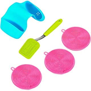 Silicone Dish Sponge Set With Ergonomic Scrubbing Brush And Sink Caddy, NonScratching Sponge, Flexible And Compact, Hygienic, No Mildew Build Up Or Odor Absorption, Multipurpose Pot Holder