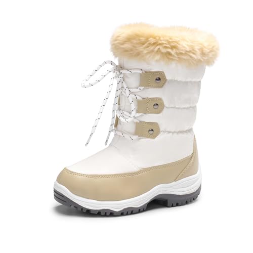 DREAM PAIRS Girls Snow Boots Warm Cozy Anti-Slip Lightweight Mid Calf Faux Fur Lining Winter Shoes for Little/Big Kids 5 Big Kid Beige/White