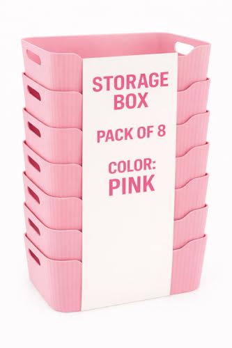 Image of Plastic Storage Box with Lid - Large Stackable Organizer Storage Box for Clothes, Toys, Kitchen - Big Size Plastic Storage Container Basket for Home, Office, Bathroom(Smal,Pack of 8,Pink)