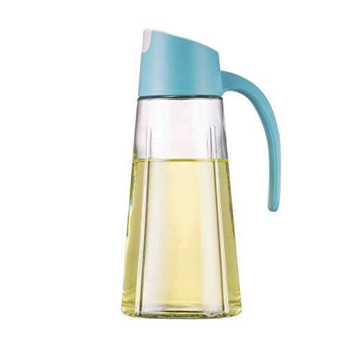 Drizom Non-Drip Glass Oil & Vinegar Container And Dispenser Bottle With Automatic Cap, Leakproof, Automatic Stopper, Precise-Pour Spout, And Non-Slip Handle，17oz (Blue)