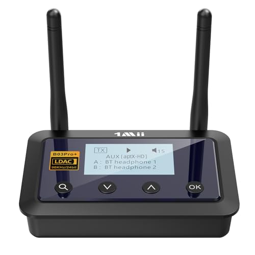 1Mii B03Pro+ Transmisor Receptor Bluetooth 5.3 LDAC para TV, Emisor Adaptador Bluetooth Audio HiFi aptX HD/Baja Latencia con Pantalla LCD, Salidas/Entradas Óptica/ 3,5mm AUX, Largo Alcance