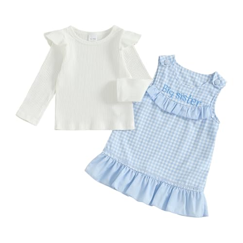 Image of Ldaiyiu Big Sister Little Sister Matching Outfits Long Sleeve Ruffle Romper Sleeveless Overalls Dress Newborn Spring Clothes
