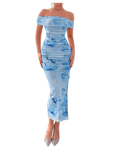 Image of Floerns Women's Floral Print Off Shoulder Short Sleeve Ruched Bodycon Long Dress